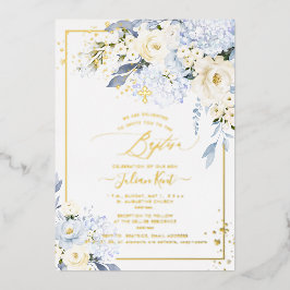 PixDezines H2 Blue Hydrangeas Cream Rozen Baptisme Folie Uitnodiging