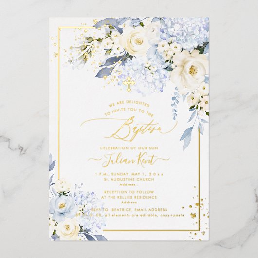 PixDezines H2 Blue Hydrangeas Cream Rozen Baptisme Folie Uitnodiging (Voorkant)
