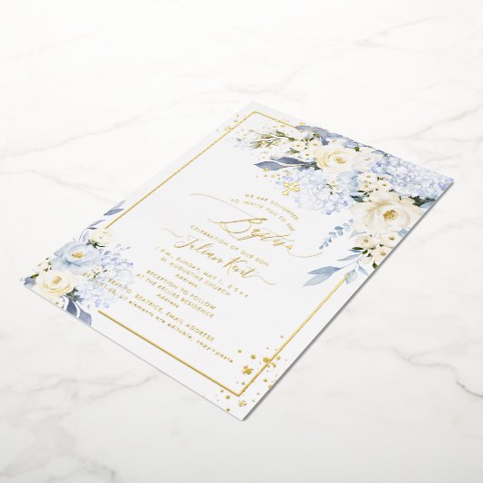 PixDezines H2 Blue Hydrangeas Cream Rozen Baptisme Folie Uitnodiging (Gedraaid)