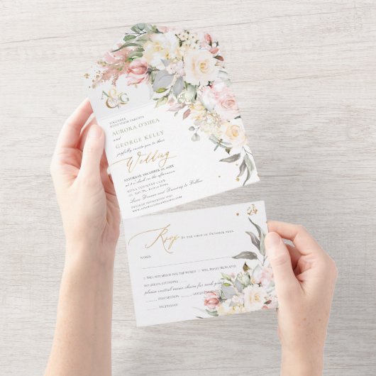 PixDezines H2 Blush Alabaster Cream-Rozen All In One Uitnodiging (Afscheurbaar)