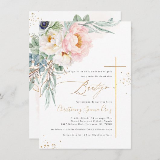 PixDezines H2 Blush Peonies Eucalyptus Bautizo Kaart (Voorkant / Achterkant)