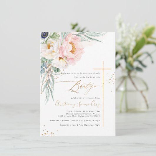 PixDezines H2 Blush Peonies Eucalyptus Bautizo Kaart (Staand voorkant)