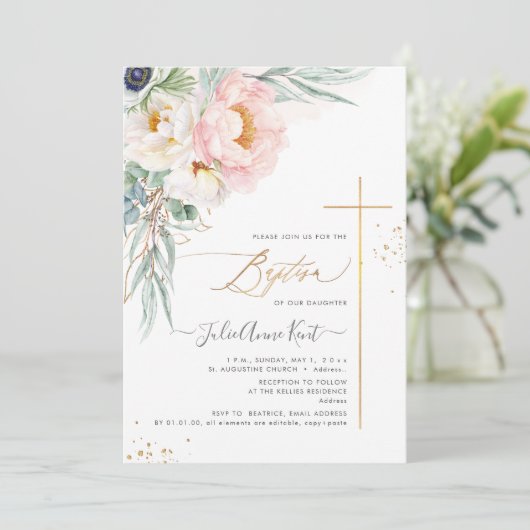 PixDezines H2 Blush White Peonies Baptisme Kaart (Staand voorkant)