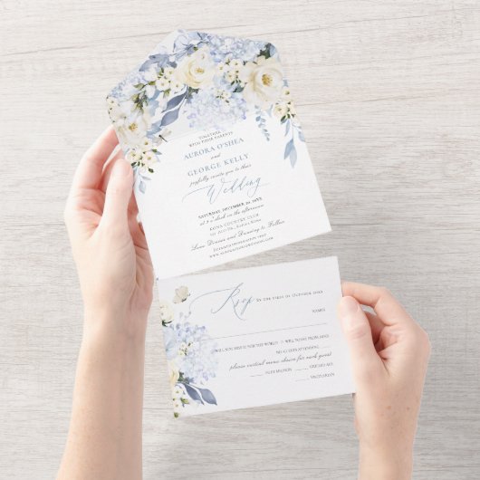 PixDezines H2 Dusty Blue Flowers Rozen Hydrangea All In One Uitnodiging (Afscheurbaar)