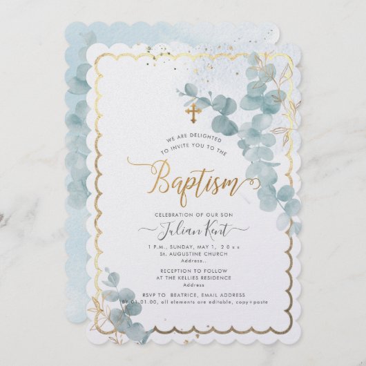 PixDezines H2 Eucalyptus Baptême Invitation (Devant / Derrière)