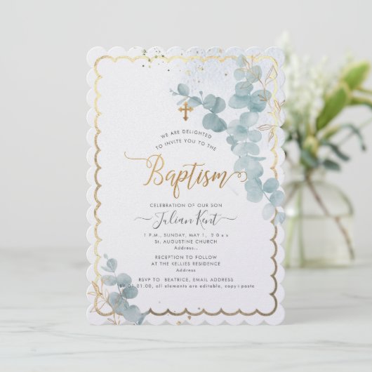 PixDezines H2 Eucalyptus Baptism Uitnodiging (Staand voorkant)