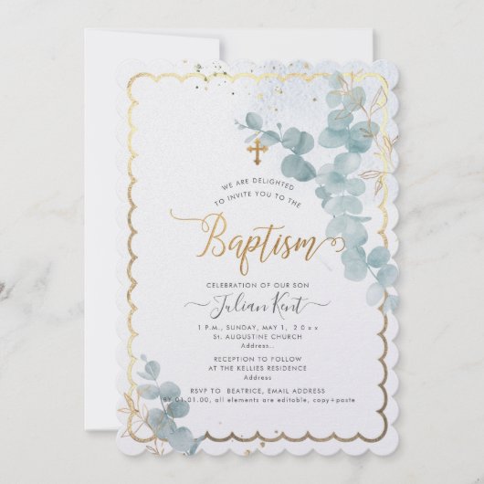 PixDezines H2 Eucalyptus Baptism Uitnodiging (Voorkant)