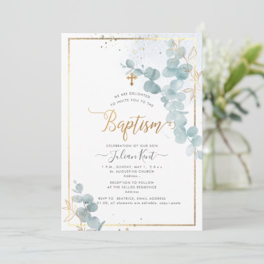 PixDezines H2 Eucalyptus Baptism Uitnodiging (Staand voorkant)