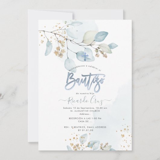 PixDezines H2 Eucalyptus Bautizo Invitation (Devant)