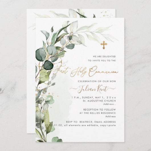 PixDezines H2 Greenery Gum Foliage First Commumen Kaart (Voorkant / Achterkant)