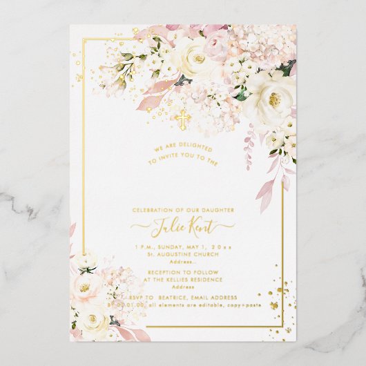 PixDezines H2 Hydrangeas Blush Rozen Baptisme Folie Uitnodiging (Voorkant)