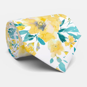 PixDezines H2 Lente Bloemen Geel Blauwe Rozen Stropdas
