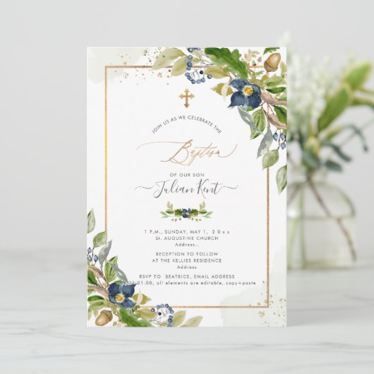 PixDezines H2 Oak in Berry Baptism Uitnodiging (Staand voorkant)