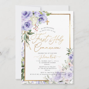 PixDezines H2 Paarse Rozen Eerste Heilige Communie Kaart