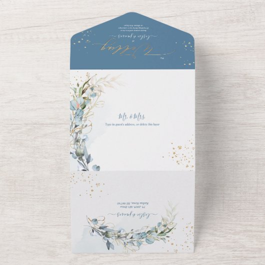 PixDezines H2 Robuust Blue Eucalyptus Gold All In One Uitnodiging (Buitenkant)