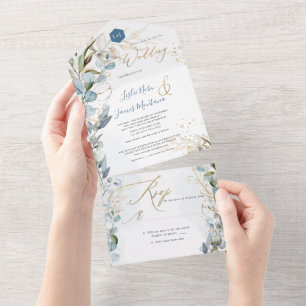 PixDezines H2 Robuust Blue Eucalyptus Gold All In One Uitnodiging