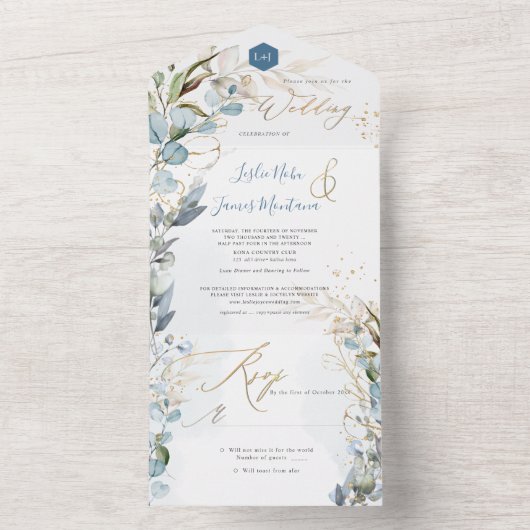 PixDezines H2 Robuust Blue Eucalyptus Gold All In One Uitnodiging (Binnen)