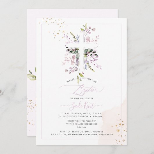 PixDezines H2 Roze Eucalyptus Baptism Uitnodiging (Voorkant / Achterkant)