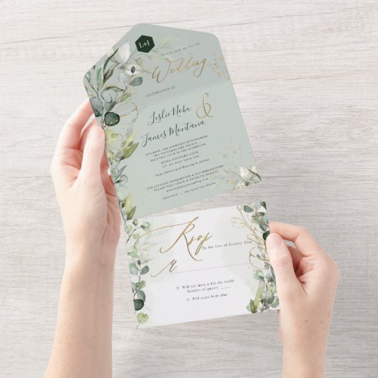 PixDezines H2 Rustic Gum Eucalyptus Green Gold Al All In One Uitnodiging (Afscheurbaar)