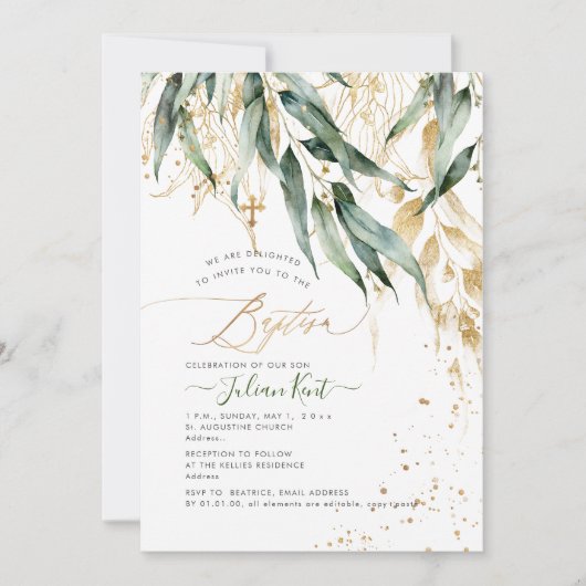 PixDezines H2 Rustic Willow Gum Eucalyptus Baptism Kaart (Voorkant)