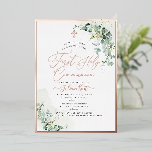 PixDezines H2 Rustige Eucalyptus First Communie Folie Uitnodiging (Staand Voorkant)