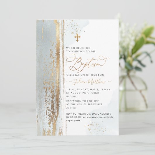 PixDezines H2 Stofblauwe Doop Uitnodiging (Staand voorkant)