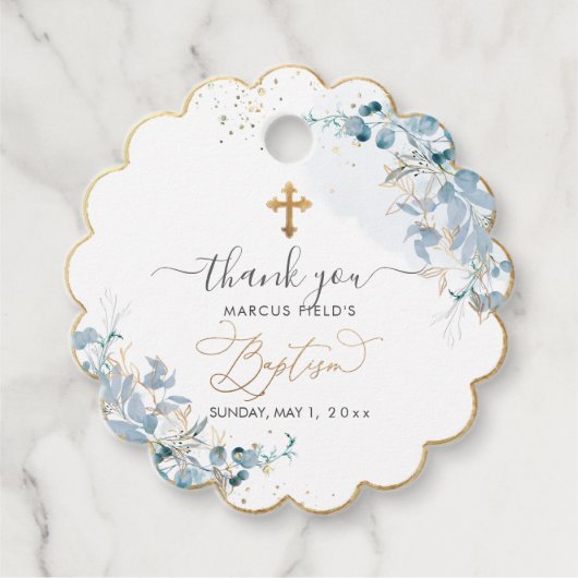 PixDezines H2 Stoffelijk Blauw Gom Eucalyptus Doop Bedankjes Labels (Voorkant)