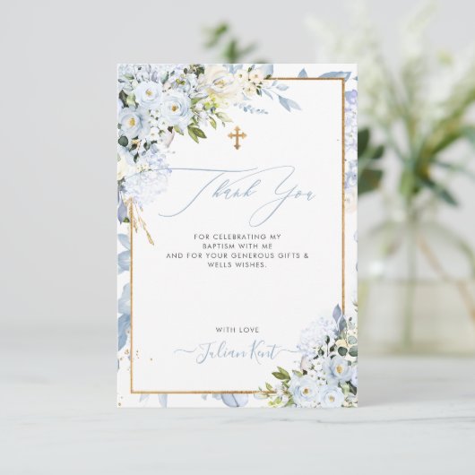 PixDezines H2 Stoffelijk Blauw Rozen Doop Dank u Kaart (Staand voorkant)