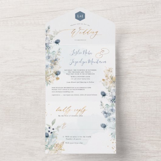 PixDezines H2 Winter Stoffig Blauw Distel Katoen All In One Uitnodiging (Binnen)