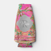 PixDezines Hawaï//Strand/Roze/Blauwgroen Flesjeskoeler (Voorkant)