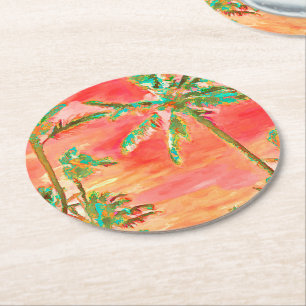 PixDezines Hawaiian Beach/Coral/Blauwgroen Ronde Kartonnen Onderzetter