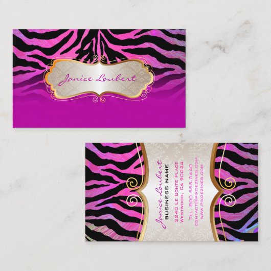 PixDezines heet roze zebra+goudversierlabel Visitekaartje (Voorkant / Achterkant)