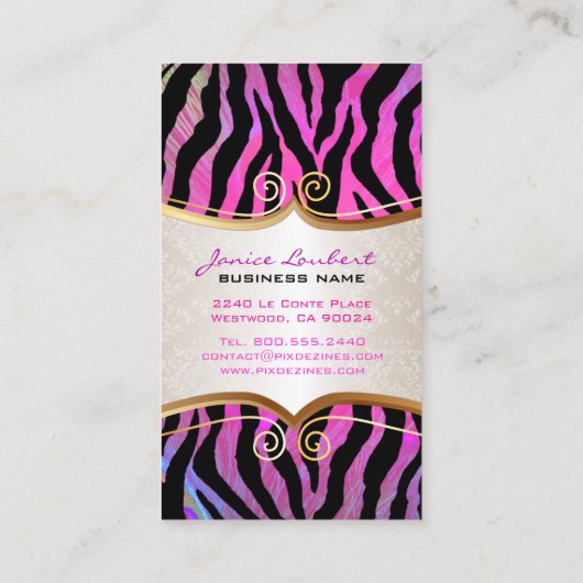 PixDezines heet roze zebra+goudversierlabel Visitekaartje (Achterkant)