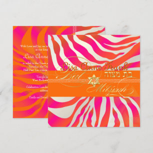 PixDezines Hot Pink+Oranje Zebra, BBT Mitzvah Kaart