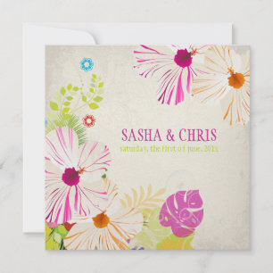 PixDezines hot roze + oranje hibiscus+monstera Kaart