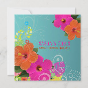 PixDezines hot roze + oranje hibiscus+monstera Kaart