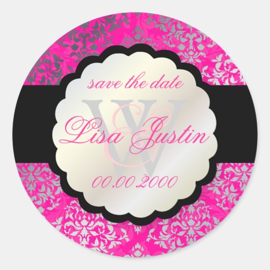 PixDezines Josephine Damask/DIY kleur/heet roze Ronde Sticker (Voorkant)