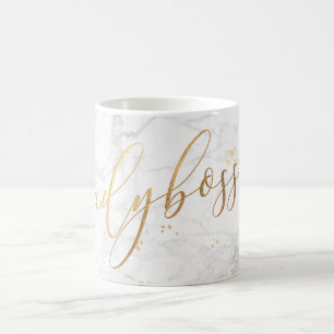 PixDezines LADYBOSS Marble+Faux Gold/Script Koffiemok