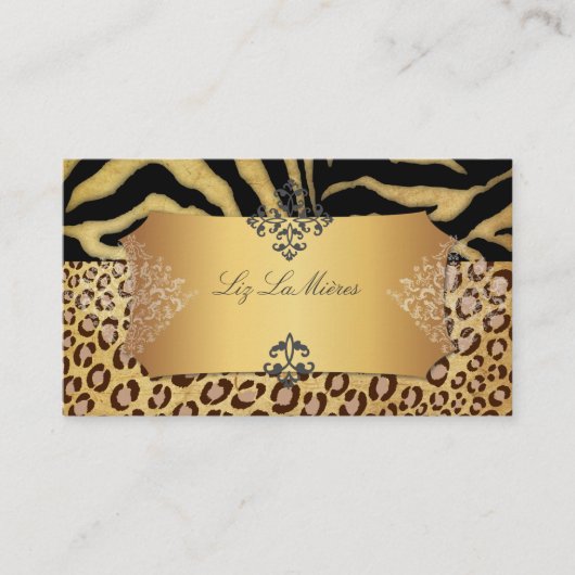 PixDezines  LEOPARD+ZEBRA+FAUX+GOLD+LABEL Visitekaartje (Voorkant)
