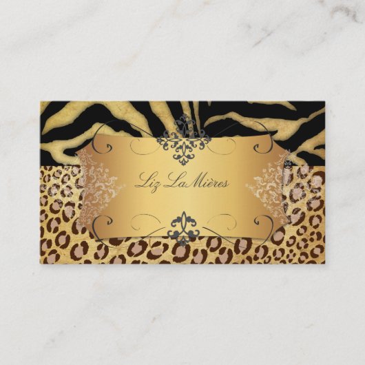 PixDezines LEOPARD+ZEBRA+FAUX+GOLD+LABEL Visitekaartje (Voorkant)