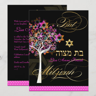 PixDezines levensboom+Sterren, Bat Mitzvah Kaart