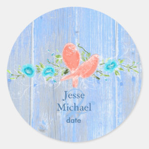 PixDezines liefdesvogels + rustieke blauwe houten Ronde Sticker