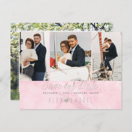 PixDezines Marble+Blush Pink De datum opslaan Briefkaart (Voorkant / Achterkant)