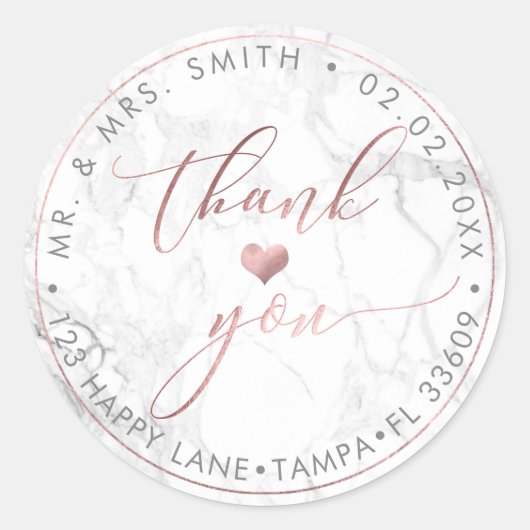 PixDezines MARMER FAUX ROOS GOUD, DANK U + HART Ronde Sticker (Voorkant)
