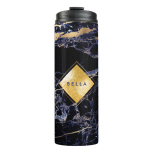 PixDezines MIDNIGHT BLUE MARBLE FAUX GOLD VEINS Thermosbeker