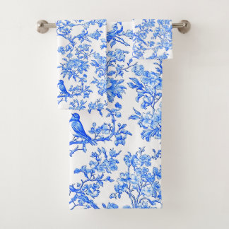 PixDezines Ming-blauwe Chinoiserie, vogels en pioe Bad Handdoek