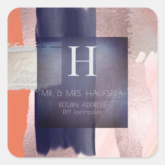 PixDezines Monogram, Blush+Navy+Silver-kleurenblok Vierkante Sticker (Voorkant)