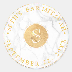PixDezines Monogram Faux Gold + Marmer Mitzvah Ronde Sticker