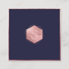 PixDezines MONOGRAM/FAUX ROOS GOUD, NAVY BLAUW Vierkante Visitekaartje