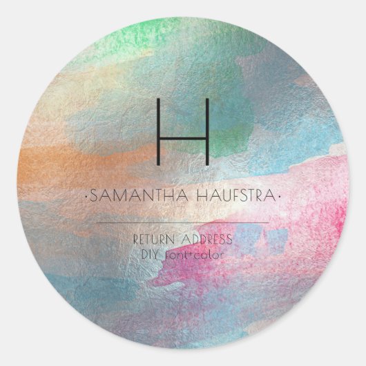 PixDezines Monogram Iriserende Geborstelde Waterve Ronde Sticker (Voorkant)